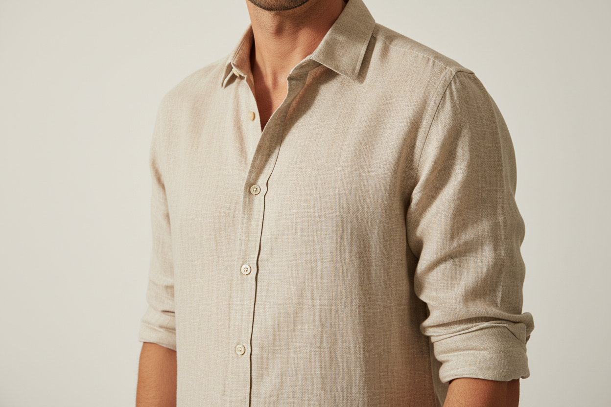 hombre con camisa de lino beige manga larga