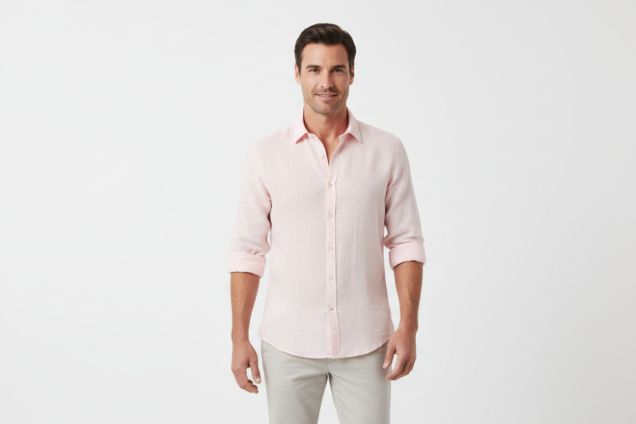 hombre con camisa de lino rosada manga larga